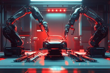Naklejka premium Robotic arms assembling a car in a futuristic factory setting with red lighting and advanced technology
