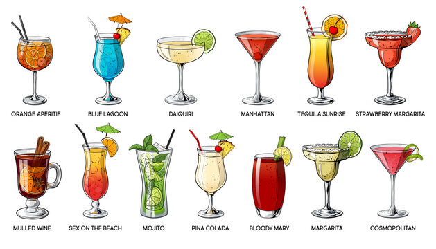 Set of tropical cocklails. Summer alcoholic holiday and beach party drinks. Mojito, daiquiri, manhattan, tequila sunrise, bloody mary, margarita, pina colada, blue lagoon etc. Vector illustration. - Powered by Adobe