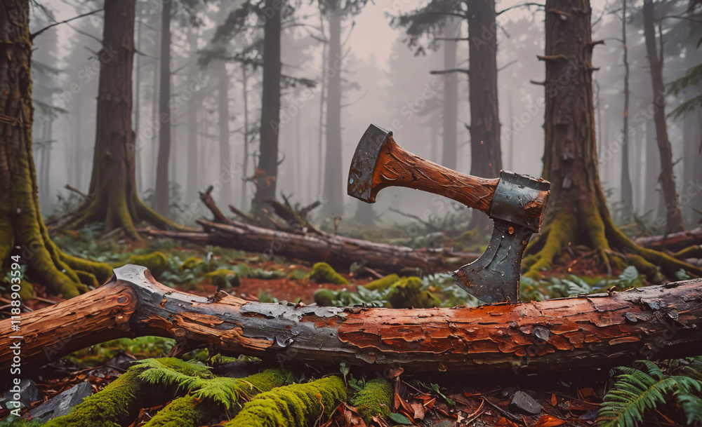 Aufkleber Large axe is laying on a log in the woods. The log is covered in moss and has fallen branches on it