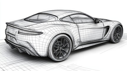 Perspective View Of White Sports Car Wireframe Blueprint Design On Surface Showcasing Innovation.