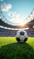 A close-up view of a soccer ball on the field with a stadium backdrop, capturing the excitement of the game as the sun sets.