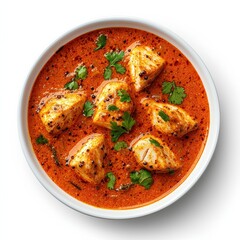 A vibrant bowl of creamy, spiced curry featuring dumplings, garnished with fresh cilantro, showcasing a rich, appetizing dish.