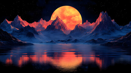 A surreal landscape featuring mountains and a large orange sun reflecting on a calm lake.