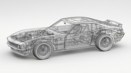Transparent Sports Car Blueprint, Technical Drawing, Automotive Design, 3D Render, Engineering