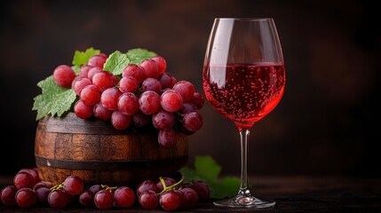 Red wine in glass with red grapes in wooden bowl.