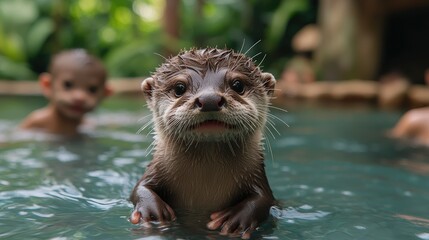 Adorable Otter Pup Swimming in Pool with Children