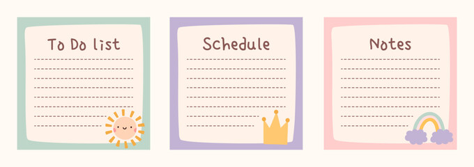Cute to do list templates set. Kawaii design of daily planner, schedule or checklist. Perfect for agenda, planning, memo, notes, self-organization. Hand-drawn illustration. Stationery for children.