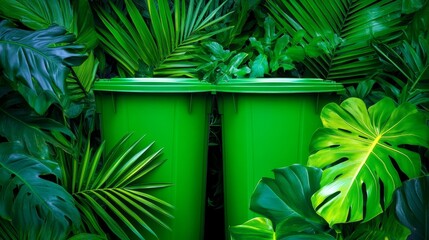 Green Bins in Lush Tropical Foliage - Two green recycling bins nestled amongst vibrant tropical plants symbolize environmental responsibility, sustainability, nature, and renewal.  Cleanliness and eco