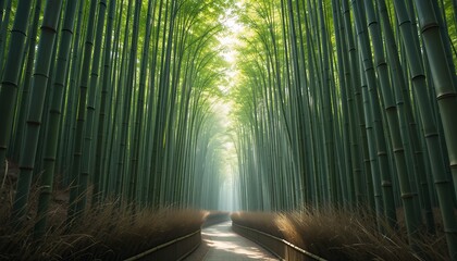 A narrow path through a dense bamboo forest in Arashiyama