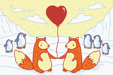 Fototapeta premium Whimsical Foxes with Heart Balloon in Snowy Landscape with Penguins
