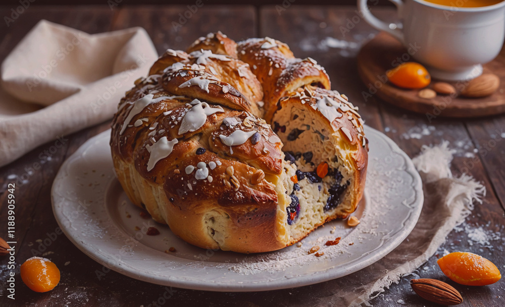 Poster pastry with a hole in the middle of it. the pastry is on a white plate. there are almonds and orange