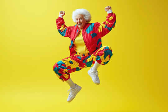 Happy senior woman having fun jumping  over yellow color background