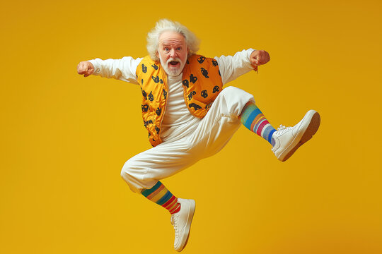 Happy senior man having fun jumping  over yellow color background