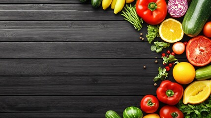 Vibrant Fresh Fruits Vegetables Wooden Background
