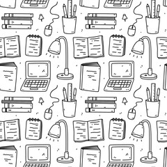 Seamless pattern with school items - notebooks, textbooks, laptop, lamps, pins. Vector hand-drawn doodle illustration. Perfect for print, wallpaper, decorations.