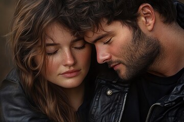 Obraz premium Intimate moment between couple, woman rests on man's chest, he gazes down with love, warmth and connection, tender embrace in serene setting