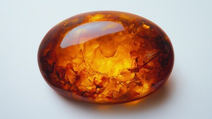 Polished amber gemstone with inclusions, oval shape, on white background.