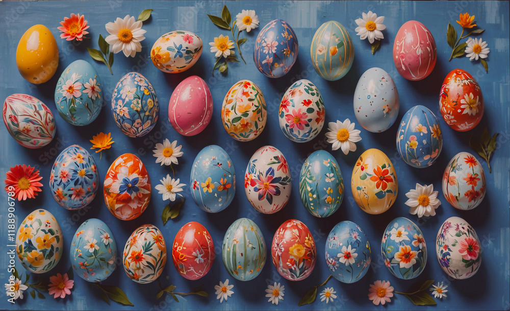 Poster blue background with a bunch of painted eggs and flowers. there are many different colors of eggs an