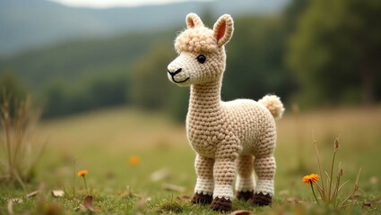 realistic highly detailed crochet of a alpaca with a nature background