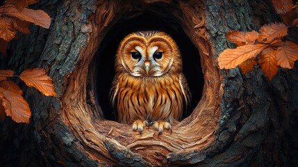 Obraz premium Tawny Owl Resting Inside Autumn Tree Hollow