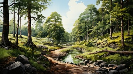 Obraz premium A serene path meanders through a lush green forest alongside a clear stream