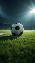 Naklejka premium A close-up view of a classic soccer ball resting on vibrant green grass, illuminated by stadium lights, symbolizing the excitement of the game.