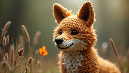 Obraz premium realistic highly detailed crochet of a coyote with a nature background