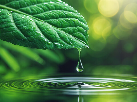 a close-up scene where a single water droplet is falling from the tip of a fresh, green leaf. - Powered by Adobe