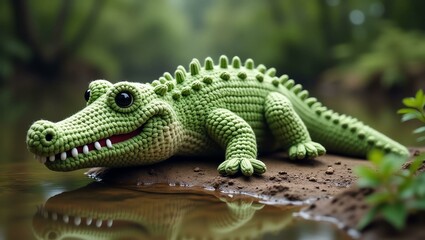 Naklejka premium realistic highly detailed crochet of a crocodile with a nature background