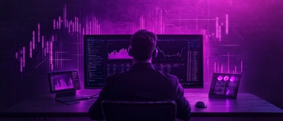 A digital marketer analyzes data on multiple screens in modern workspace. vibrant purple background enhances tech savvy atmosphere