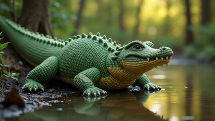 Obraz premium realistic highly detailed crochet of a crocodile with a nature background