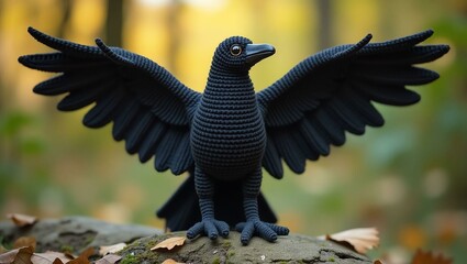 Naklejka premium realistic highly detailed crochet of a crow with a nature background
