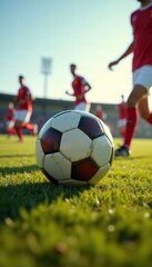 Obraz premium A close-up of a soccer ball on the field with players in action, capturing the essence of the game. Perfect for sports-related projects and promotions.