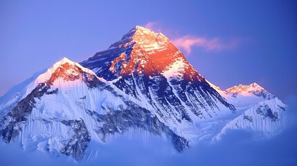 A peaceful view of Mount Everest from Kala Patthar in Nepal, with the snow-covered peak glowing in the first light of dawn against a deep blue sky.