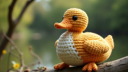 Obraz premium realistic highly detailed crochet of a duck with a nature background