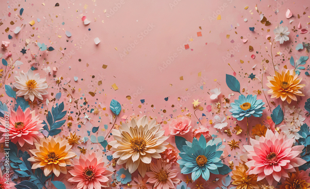 Poster pink background with a flowery border. the flowers are in various colors and sizes. there are also s