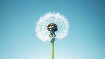 Serene Dandelion Seed Head Against Clear Blue Sky Tranquil Nature Image