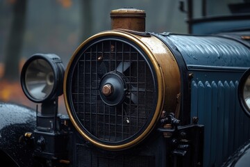 Close-up view of antique car engine with rain-soaked details in misty forest surroundings
