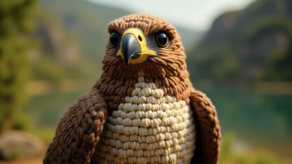 realistic highly detailed crochet of a hawk with a nature background