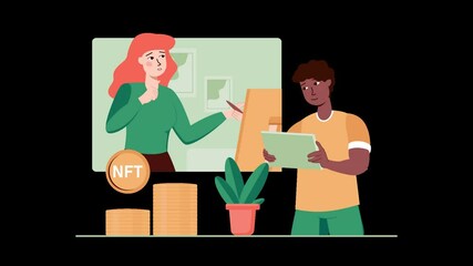 A diverse team discussing NFT artwork with digital currency and a plant, emphasizing modern creativity. - Powered by Adobe