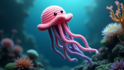 realistic highly detailed crochet of a jellyfish with a nature background