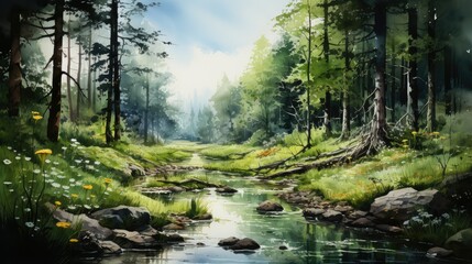 Obraz premium A tranquil watercolor landscape with a stream flowing through a forest