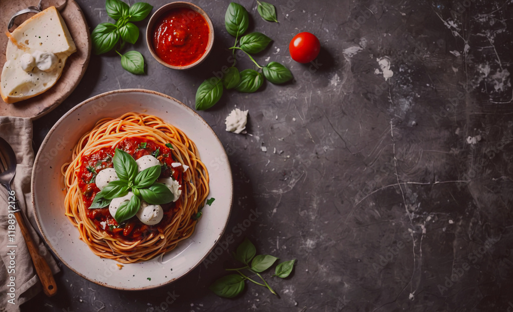 Aufkleber plate of spaghetti with cheese and basil on top. a knife and a spoon are also on the table