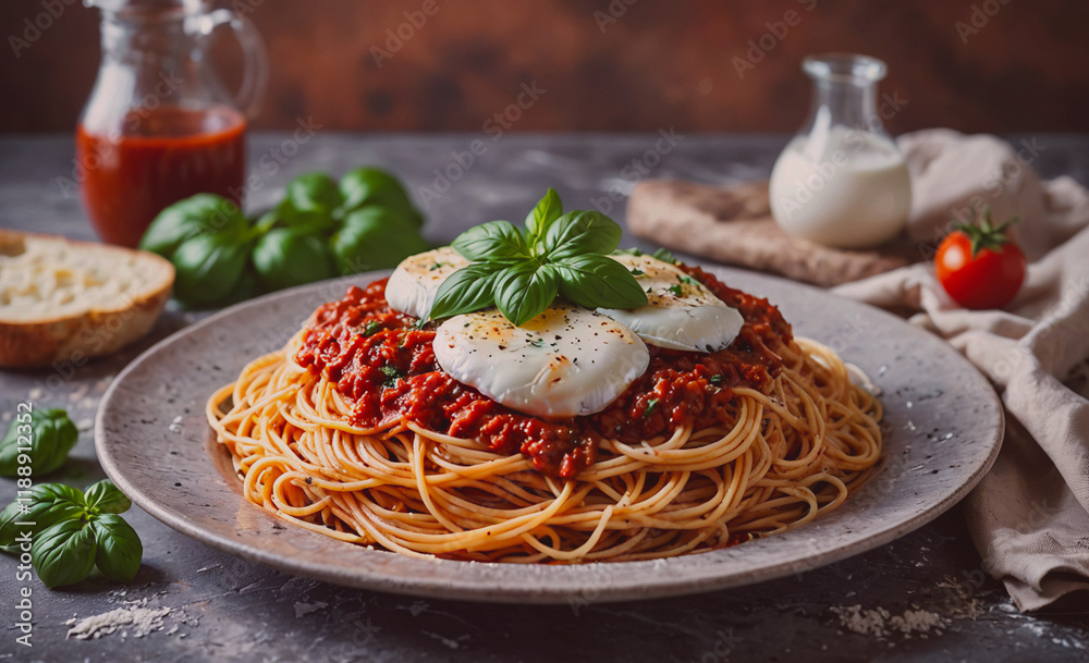 Poster Plate of spaghetti with cheese and basil on top. A jar of sauce is on the table