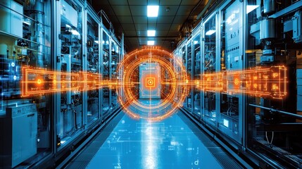 Futuristic Data Center Server Room with Digital Overlay and Network Connections