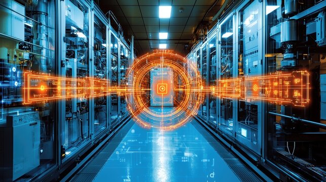 Futuristic Data Center Server Room with Digital Overlay and Network Connections