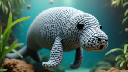 Obraz premium realistic highly detailed crochet of a manatee with a nature background