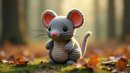 realistic highly detailed crochet of a mouse with a nature background