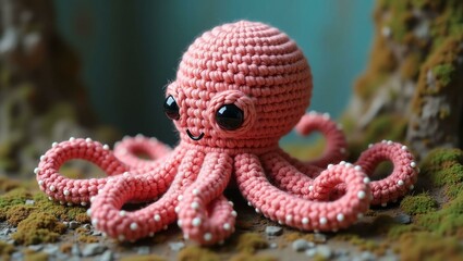 realistic highly detailed crochet of a octopus with a nature background