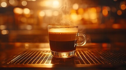 Professional espresso machine brews fresh coffee in glass cup on walnut wood surface, capturing rich crema and coffee shop atmosphere with warm ambient lighting effects.